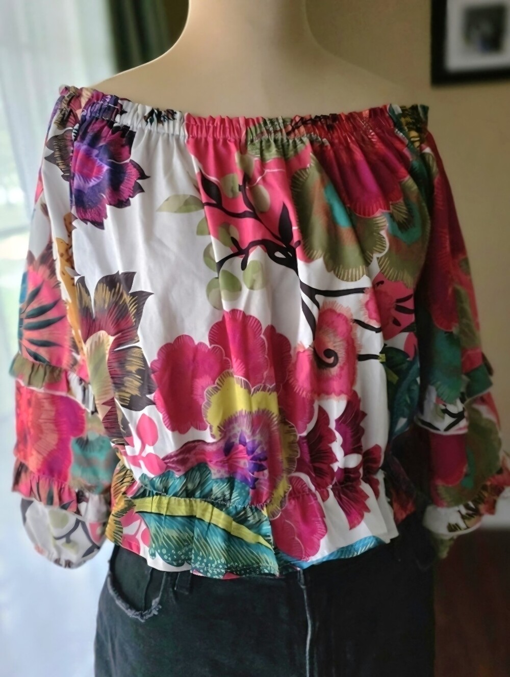 Rachel Zoe Floral Off Shoulder Blouse Boho‎ Ruffle Bell Sleeve Romantic Top M